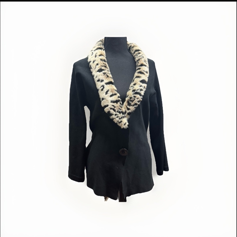 Black Silk Blazer Leopard Collar Medium